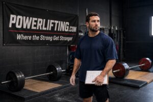 Powerlifting coach standing in a professional strength gym holding a training log beside heavily loaded barbells and lifting platforms, illustrating the importance of progression over muscle confusion in powerlifting training. Competitive powerlifting environment featuring progressive overload, structured strength programming, squat and deadlift preparation, and performance-focused athletic development.