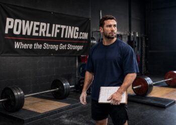 Powerlifting coach standing in a professional strength gym holding a training log beside heavily loaded barbells and lifting platforms, illustrating the importance of progression over muscle confusion in powerlifting training. Competitive powerlifting environment featuring progressive overload, structured strength programming, squat and deadlift preparation, and performance-focused athletic development.