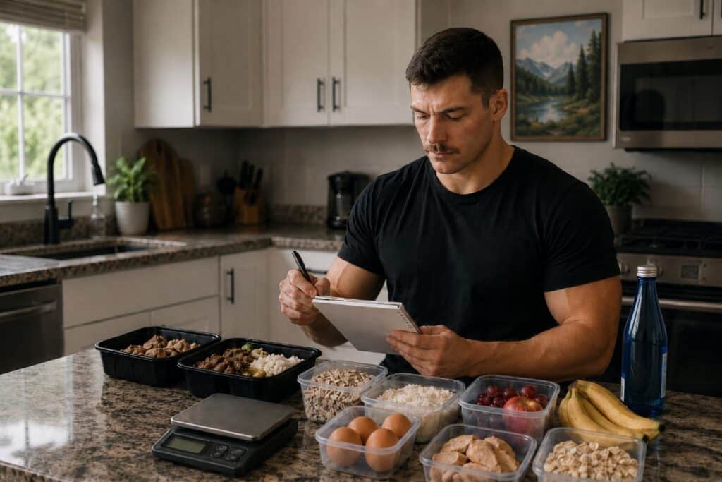 Powerlifter meal prepping and tracking nutrition in a home kitchen using a food scale, high-protein meals, rice, eggs, fruit, and healthy snacks for strength training, muscle recovery, performance optimization, and consistent fitness goals.