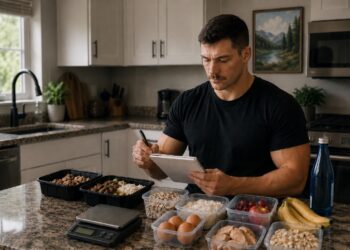 Powerlifter meal prepping and tracking nutrition in a home kitchen using a food scale, high-protein meals, rice, eggs, fruit, and healthy snacks for strength training, muscle recovery, performance optimization, and consistent fitness goals.