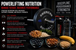 a gym setting with a loaded barbell plate labeled “American Barbell,” a shaker bottle, water bottle, protein container, and healthy foods including grilled chicken, rice, broccoli, blueberries, almonds, cereal, and bananas. The left side lists key nutrition principles for powerlifters: fueling training with carbohydrates, supporting recovery nutrition with protein and carbs, maintaining hydration and electrolytes, prioritizing micronutrients, adapting calories and macros to training cycles, and individualizing nutrition strategies.