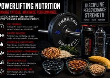 a gym setting with a loaded barbell plate labeled “American Barbell,” a shaker bottle, water bottle, protein container, and healthy foods including grilled chicken, rice, broccoli, blueberries, almonds, cereal, and bananas. The left side lists key nutrition principles for powerlifters: fueling training with carbohydrates, supporting recovery nutrition with protein and carbs, maintaining hydration and electrolytes, prioritizing micronutrients, adapting calories and macros to training cycles, and individualizing nutrition strategies.