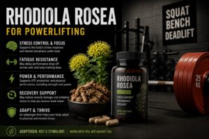 a supplement bottle and rhodiola plant roots beside a heavily loaded barbell in a gym setting. Bold text reads ‘Rhodiola Rosea for Powerlifting’ with sections highlighting stress control, fatigue resistance, performance support, recovery support, and adaptation to physical and mental stress. The design presents rhodiola as an adaptogen that may support recovery, focus, and training performance.