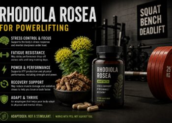 a supplement bottle and rhodiola plant roots beside a heavily loaded barbell in a gym setting. Bold text reads ‘Rhodiola Rosea for Powerlifting’ with sections highlighting stress control, fatigue resistance, performance support, recovery support, and adaptation to physical and mental stress. The design presents rhodiola as an adaptogen that may support recovery, focus, and training performance.