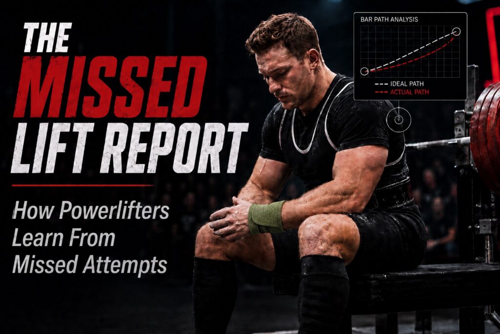 Bold text reading The Missed Lift Report: How Powerlifters Learn From Missed Attempts beside a muscular male powerlifter in a black singlet sits exhausted beside a heavily loaded barbell after a failed squat or bench attempt, highlighting strength training, competition mindset, lifting analysis, and recovery. The image features bold red-and-white typography and a performance chart labeled “Bar Path Analysis,” illustrating ideal vs. actual lift path mechanics in competitive powerlifting.