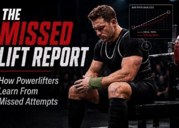 Bold text reading The Missed Lift Report: How Powerlifters Learn From Missed Attempts beside a muscular male powerlifter in a black singlet sits exhausted beside a heavily loaded barbell after a failed squat or bench attempt, highlighting strength training, competition mindset, lifting analysis, and recovery. The image features bold red-and-white typography and a performance chart labeled “Bar Path Analysis,” illustrating ideal vs. actual lift path mechanics in competitive powerlifting.