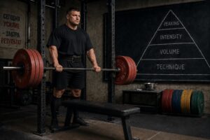 Powerlifter training with a heavily loaded barbell in a gym while following the Sheiko pyramid approach to build strength from the base up through technique, volume, intensity, and peaking for maximum powerlifting performance.