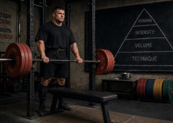 Powerlifter training with a heavily loaded barbell in a gym while following the Sheiko pyramid approach to build strength from the base up through technique, volume, intensity, and peaking for maximum powerlifting performance.