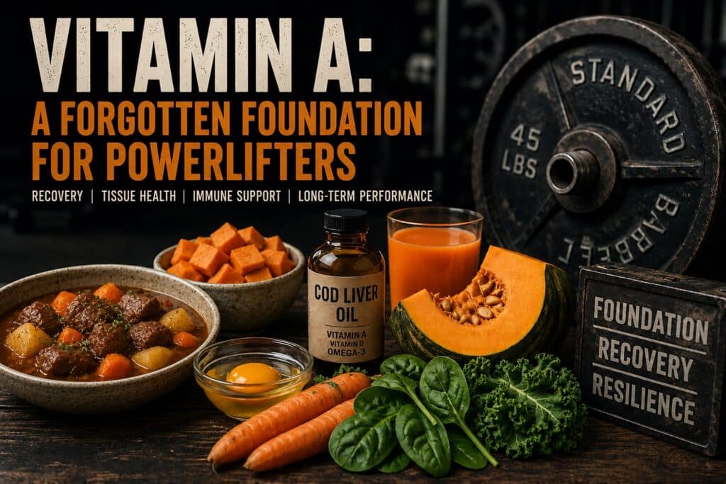 Large text reads “Vitamin A: A Forgotten Foundation for Powerlifters.” Smaller text underneath lists benefits: “Recovery | Tissue Health | Immune Support | Long-Term Performance.” The image shows various vitamin A–rich foods on a table, including carrots, spinach, kale, pumpkin, sweet potatoes, egg yolk, beef stew, and a bottle of cod liver oil. A large 45-pound weight plate and gym equipment appear in the background, along with a small sign reading “Foundation Recovery Resilience.”