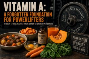 Large text reads “Vitamin A: A Forgotten Foundation for Powerlifters.” Smaller text underneath lists benefits: “Recovery | Tissue Health | Immune Support | Long-Term Performance.” The image shows various vitamin A–rich foods on a table, including carrots, spinach, kale, pumpkin, sweet potatoes, egg yolk, beef stew, and a bottle of cod liver oil. A large 45-pound weight plate and gym equipment appear in the background, along with a small sign reading “Foundation Recovery Resilience.”