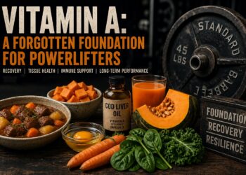 Large text reads “Vitamin A: A Forgotten Foundation for Powerlifters.” Smaller text underneath lists benefits: “Recovery | Tissue Health | Immune Support | Long-Term Performance.” The image shows various vitamin A–rich foods on a table, including carrots, spinach, kale, pumpkin, sweet potatoes, egg yolk, beef stew, and a bottle of cod liver oil. A large 45-pound weight plate and gym equipment appear in the background, along with a small sign reading “Foundation Recovery Resilience.”