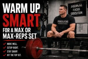 smart warm-up strategies for max-effort lifting and max-rep sets. A muscular male powerlifter sits confidently in a gym beside a heavily loaded barbell with red weight plates, preparing for strength training. Large text reads “Warm Up Smart for a Max or Max-Reps Set,” with coaching cues including “Move Well,” “Setup Right,” “Stay Sharp,” and “Hit the Top Set.” Background gym banners emphasize discipline, focus, and execution, reinforcing themes of powerlifting performance, strength coaching, and workout preparation.