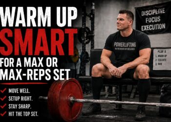 smart warm-up strategies for max-effort lifting and max-rep sets. A muscular male powerlifter sits confidently in a gym beside a heavily loaded barbell with red weight plates, preparing for strength training. Large text reads “Warm Up Smart for a Max or Max-Reps Set,” with coaching cues including “Move Well,” “Setup Right,” “Stay Sharp,” and “Hit the Top Set.” Background gym banners emphasize discipline, focus, and execution, reinforcing themes of powerlifting performance, strength coaching, and workout preparation.