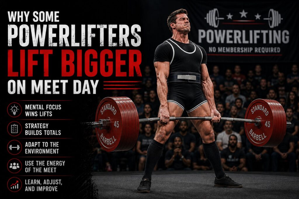 a muscular male powerlifter in a black singlet performs a heavy deadlift on a competition platform with a crowd in the background. A banner behind him says “Powerlifting – No Membership Required.”arge text on the left reads “Why Some Powerlifters Lift Bigger on Meet Day.” Below are five bullet points with icons: “Mental Focus Wins Lifts,” “Strategy Builds Totals,” “Adapt to the Environment,” “Use the Energy of the Meet,” and “Learn, Adjust, and Improve.”