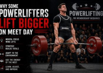 a muscular male powerlifter in a black singlet performs a heavy deadlift on a competition platform with a crowd in the background. A banner behind him says “Powerlifting – No Membership Required.”arge text on the left reads “Why Some Powerlifters Lift Bigger on Meet Day.” Below are five bullet points with icons: “Mental Focus Wins Lifts,” “Strategy Builds Totals,” “Adapt to the Environment,” “Use the Energy of the Meet,” and “Learn, Adjust, and Improve.”