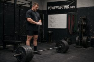Powerlifter preparing for a heavy deadlift by chalking hands beside a loaded barbell in a strength training gym, illustrating structured programming, focused preparation, and long-term strength development.