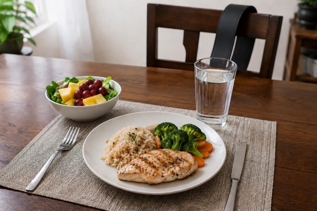 Balanced deload nutrition for powerlifters with grilled chicken, rice, vegetables, fruit, and water.