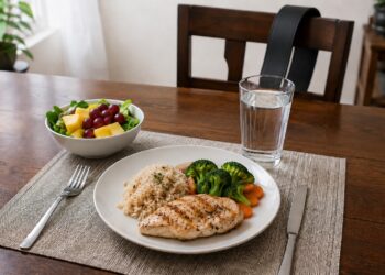 Balanced deload nutrition for powerlifters with grilled chicken, rice, vegetables, fruit, and water.