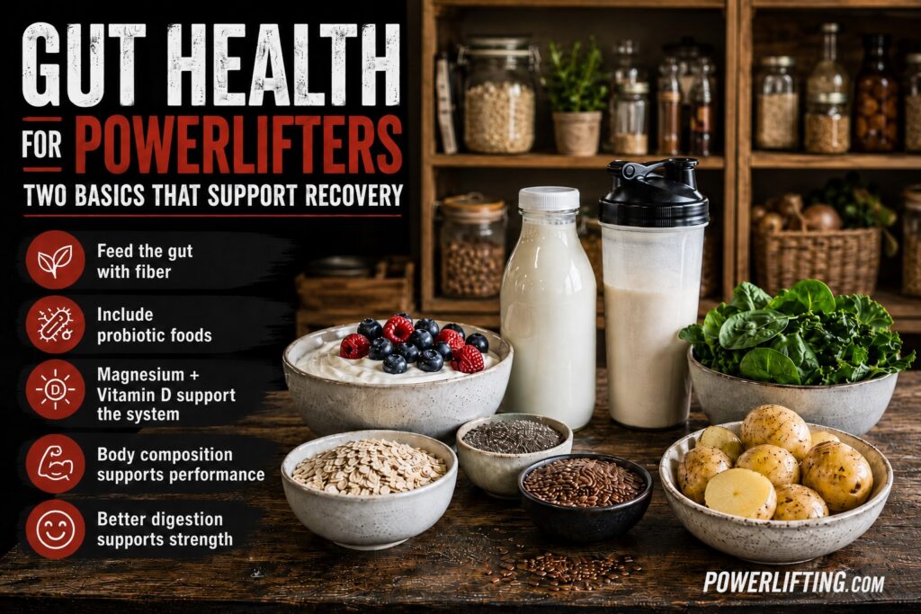 Gut health foods for powerlifters including yogurt, oats, leafy greens, flaxseeds, chia seeds, and probiotic-rich ingredients that support recovery and strength performance.