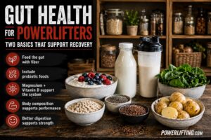 Gut health foods for powerlifters including yogurt, oats, leafy greens, flaxseeds, chia seeds, and probiotic-rich ingredients that support recovery and strength performance.