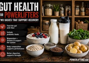 Gut health foods for powerlifters including yogurt, oats, leafy greens, flaxseeds, chia seeds, and probiotic-rich ingredients that support recovery and strength performance.