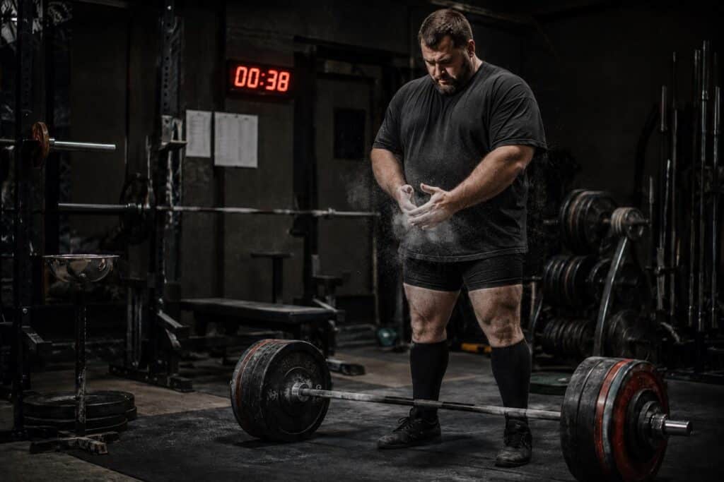 Powerlifter chalking his hands before a heavy deadlift in a strength gym, standing over a loaded barbell with a countdown timer in the background, showcasing high-density powerlifting training, deadlift preparation, strength development, and meet-ready performance.