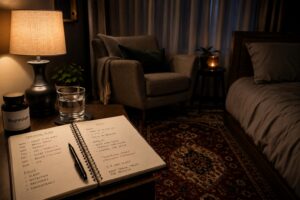 Nighttime bedroom recovery setup with magnesium supplement, water glass, and strength training journal on a bedside table, highlighting sleep, recovery, and powerlifting performance optimization.