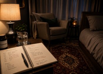 Nighttime bedroom recovery setup with magnesium supplement, water glass, and strength training journal on a bedside table, highlighting sleep, recovery, and powerlifting performance optimization.