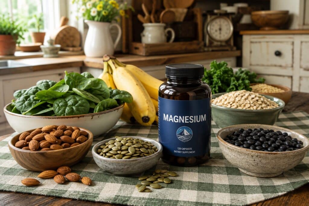 A kitchen table displaying foods rich in magnesium for powerlifters such as spinach, almonds, pumpkin seeds, black beans, oats, bananas, and kale alongside a bottle of magnesium supplements.