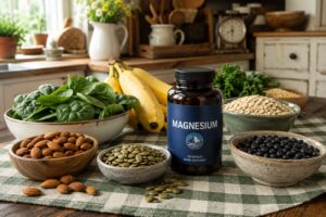 A kitchen table displaying foods rich in magnesium for powerlifters such as spinach, almonds, pumpkin seeds, black beans, oats, bananas, and kale alongside a bottle of magnesium supplements.