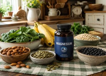A kitchen table displaying foods rich in magnesium for powerlifters such as spinach, almonds, pumpkin seeds, black beans, oats, bananas, and kale alongside a bottle of magnesium supplements.