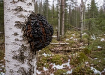 Chaga mushroom growing on a birch tree in a forest, highlighting a medicinal fungus often associated with recovery, resilience, and wellness for strength athletes and powerlifters.