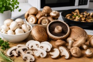Fresh white button mushrooms and brown cremini mushrooms sliced and whole on a wooden cutting board in a kitchen, a nutrient-dense food rich in antioxidants, B vitamins, and minerals that can support recovery, muscle function, and overall performance for powerlifters.