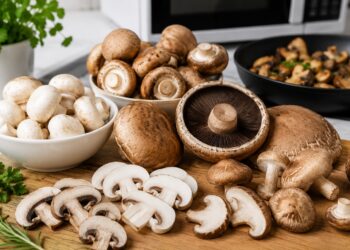 Fresh white button mushrooms and brown cremini mushrooms sliced and whole on a wooden cutting board in a kitchen, a nutrient-dense food rich in antioxidants, B vitamins, and minerals that can support recovery, muscle function, and overall performance for powerlifters.