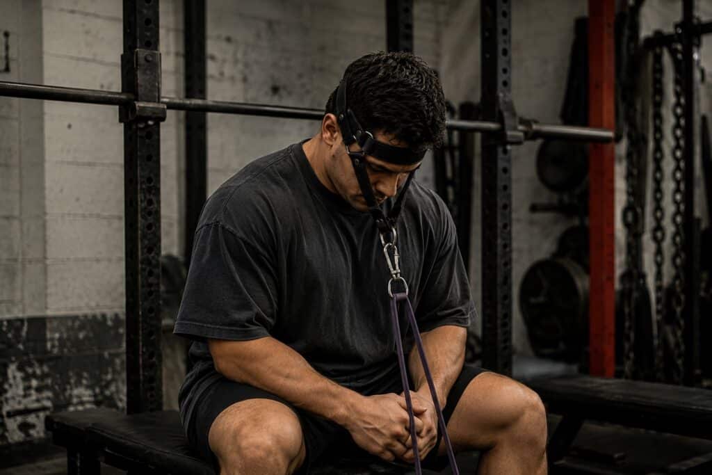 Powerlifter performing neck training with a head harness and resistance band in a strength gym, highlighting accessory exercises for stability, injury prevention, and powerlifting performance.