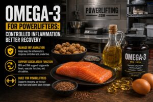 Omega-3 supplement display for powerlifters featuring salmon, fish oil capsules, flax seeds, walnuts, and healthy fats promoting controlled inflammation, improved recovery, circulatory support, and strength training performance in a powerlifting nutrition setting.