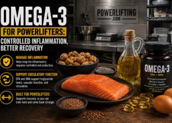 Omega-3 supplement display for powerlifters featuring salmon, fish oil capsules, flax seeds, walnuts, and healthy fats promoting controlled inflammation, improved recovery, circulatory support, and strength training performance in a powerlifting nutrition setting.