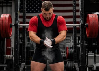 A powerlifter stands in front of a heavily loaded barbell in a squat rack, rubbing chalk onto their hands while focusing before an attempt. Wearing a lifting singlet, belt, and wrist wraps, they prepare mentally and physically for a heavy lift. An American flag hangs in the background, reinforcing the competitive strength-sport setting. The image represents performance readiness, concentration, and strong execution when handling maximal loads.