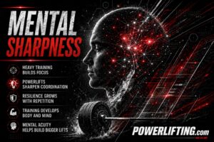 Powerlifting mental sharpness illustration featuring a strength athlete, neural network brain visualization, and loaded barbell, symbolizing improved focus, resilience, coordination, and cognitive performance through strength training.