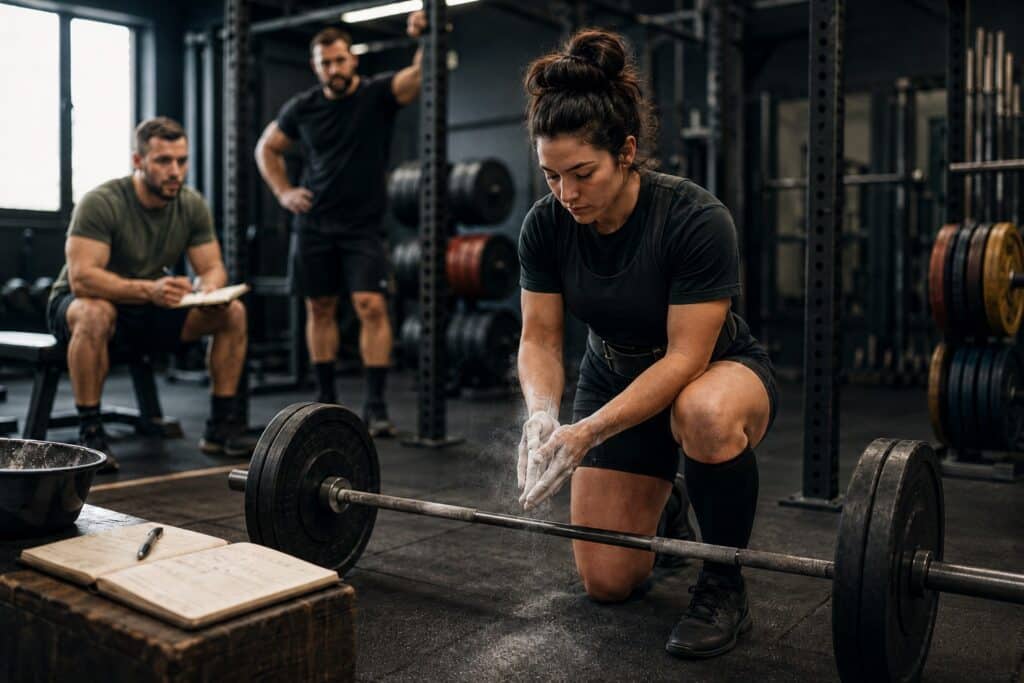 Female powerlifter chalking her hands before a heavy deadlift while coaches observe and take notes in a strength gym, showcasing powerlifting technique, purposeful training, competition preparation, and building strength through focused lifting.