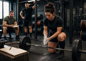 Female powerlifter chalking her hands before a heavy deadlift while coaches observe and take notes in a strength gym, showcasing powerlifting technique, purposeful training, competition preparation, and building strength through focused lifting.