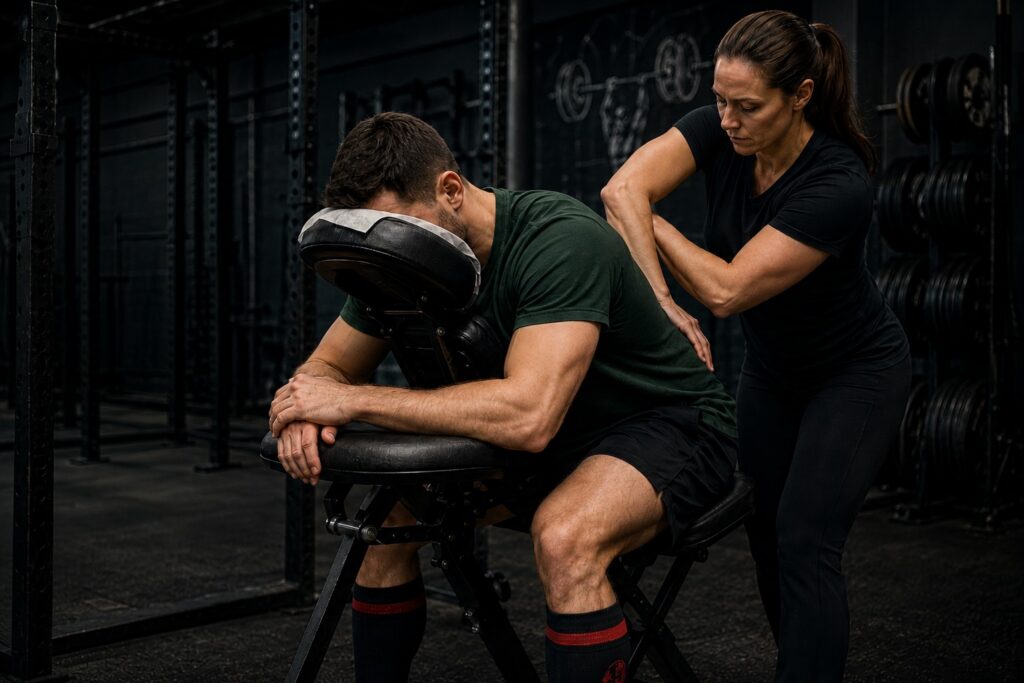 A powerlifter sits forward on a padded bench in a gym while a coach, therapist, or recovery specialist applies manual pressure to their upper back and shoulder. Weight racks and barbells surround them, emphasizing a strength-training environment. The scene illustrates recovery monitoring and hands-on treatment to support performance, reduce fatigue, and aid recovery after intense powerlifting training.