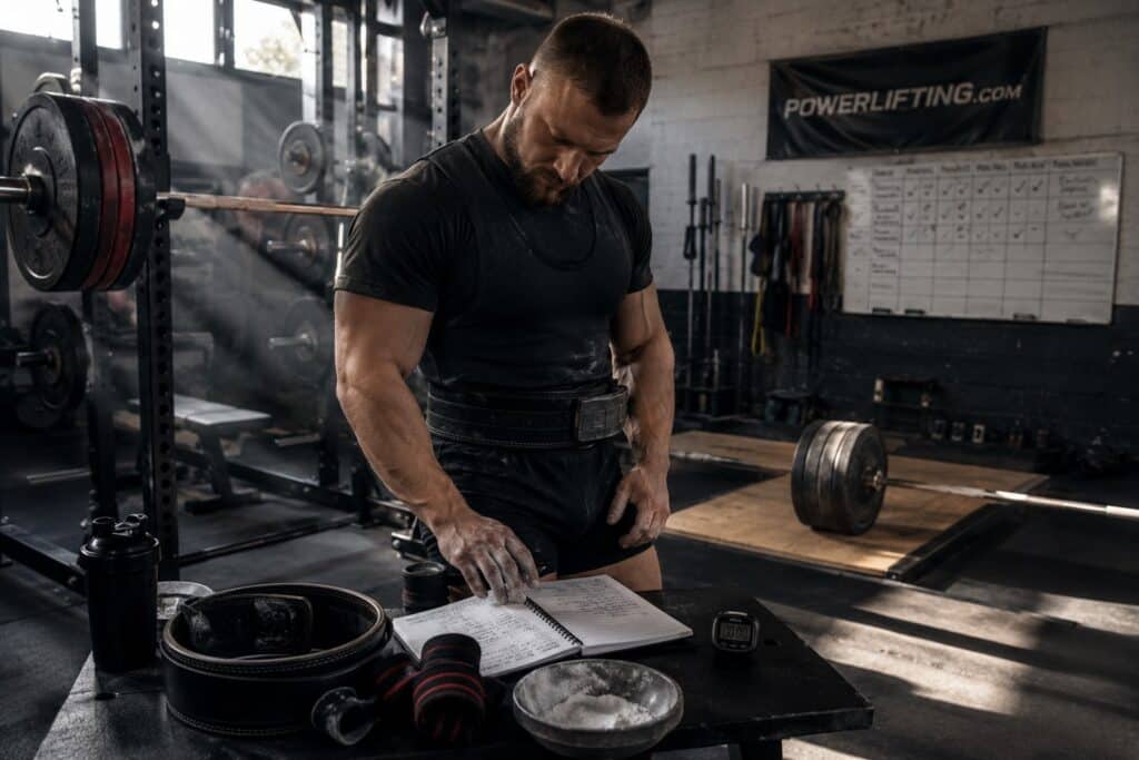 Competitive powerlifter reviewing a training log in a strength gym beside a loaded barbell, showcasing programming for powerlifters, workout tracking, and performance-focused training.