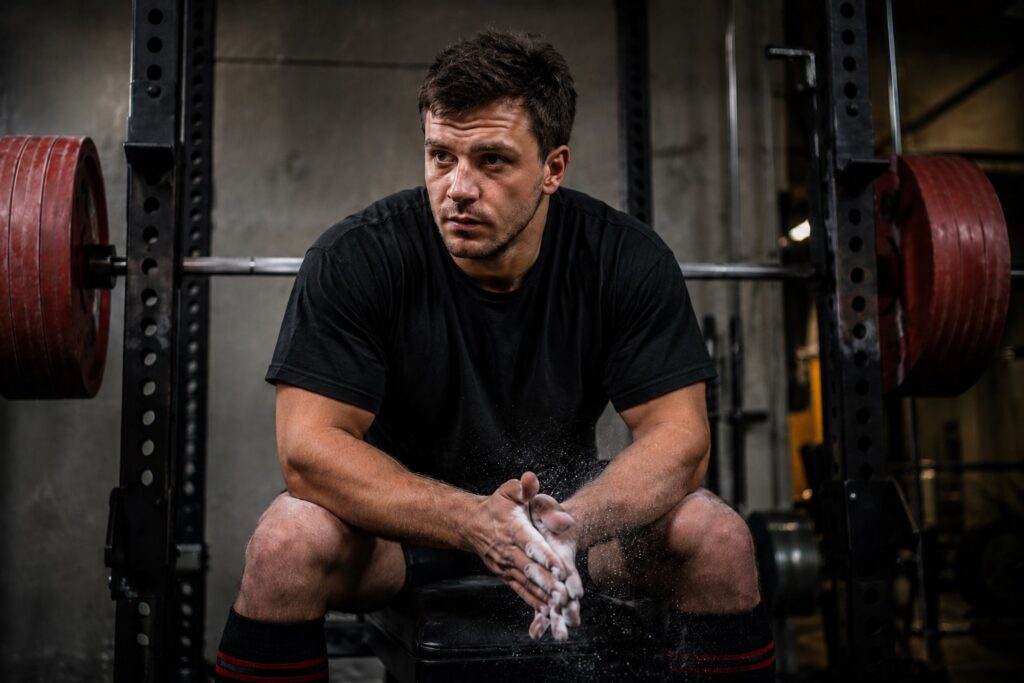 A powerlifter sits on a bench inside a squat rack, chalking their hands and focusing before training. Heavy barbells loaded with red weight plates are positioned on either side, emphasizing a strength-training environment. The athlete's posture and concentration suggest preparation for upper-body training, illustrating the role of triceps work in building a stronger bench press.