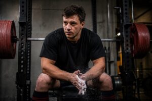 A powerlifter sits on a bench inside a squat rack, chalking their hands and focusing before training. Heavy barbells loaded with red weight plates are positioned on either side, emphasizing a strength-training environment. The athlete's posture and concentration suggest preparation for upper-body training, illustrating the role of triceps work in building a stronger bench press.