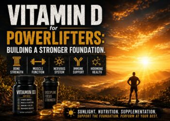 Vitamin D supplement display for powerlifters featuring sunrise lighting, vitamin D3 capsules, and strength-focused imagery highlighting bone strength, muscle function, nervous system support, immune health, and hormone support for powerlifting performance and recovery.