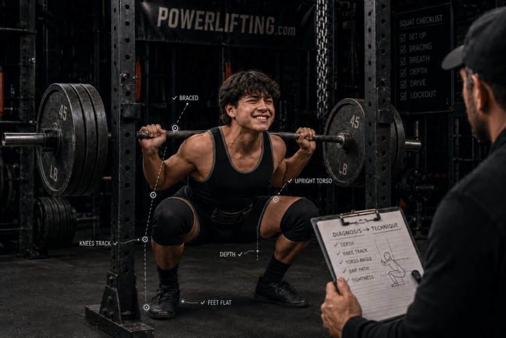 Powerlifting coach analyzing squat technique as an athlete performs a heavy barbell squat, highlighting proper depth, bracing, knee tracking, and strength training form.
