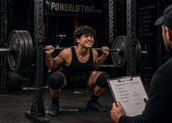Powerlifting coach analyzing squat technique as an athlete performs a heavy barbell squat, highlighting proper depth, bracing, knee tracking, and strength training form.