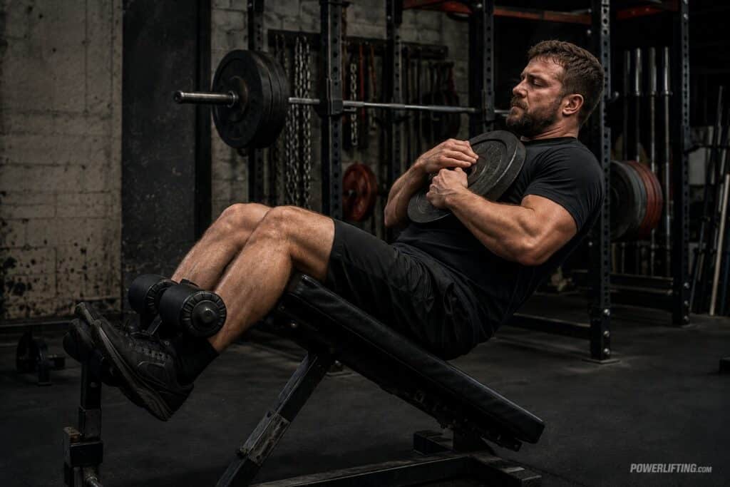 Powerlifter performing weighted decline sit-ups to build ab strength for stronger squats, bench presses, and deadlifts.