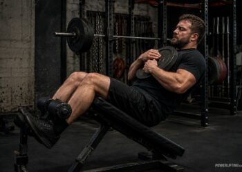 Powerlifter performing weighted decline sit-ups to build ab strength for stronger squats, bench presses, and deadlifts.